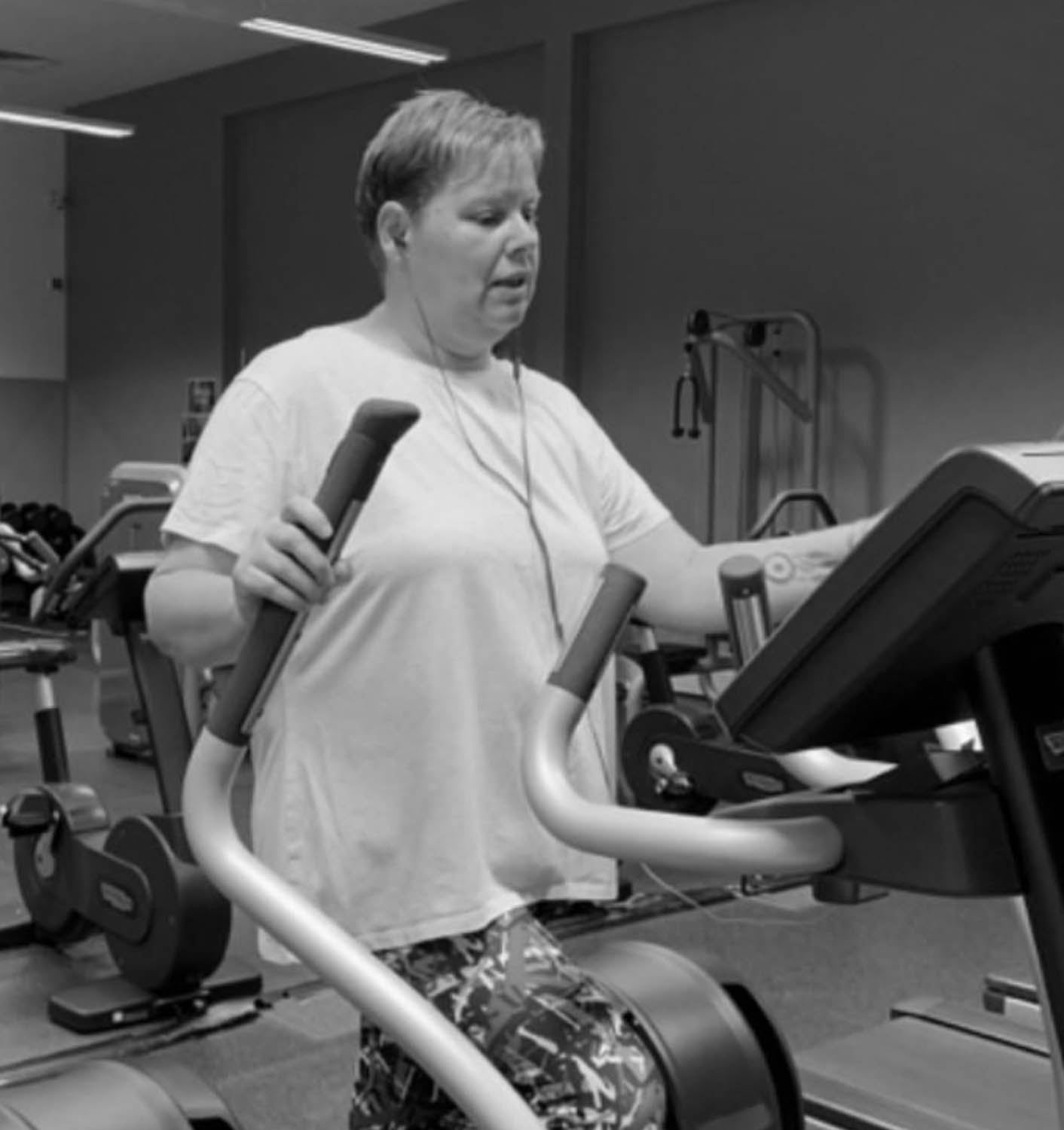 Lynn working out on treadmill