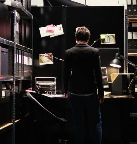 Back of a person in a dark room surrounded by files.