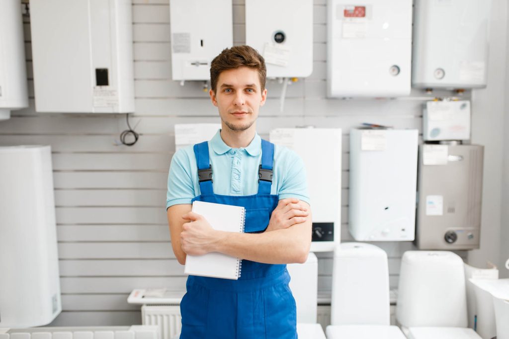 Man standing in front of gas boilers