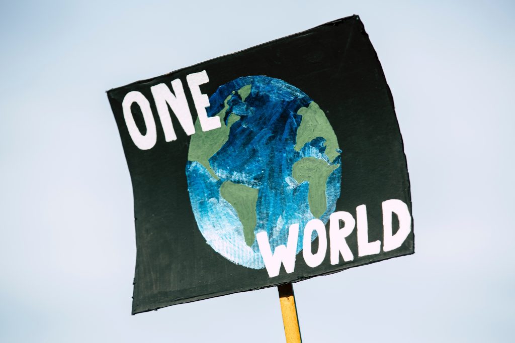 Placard with globe and text: One World