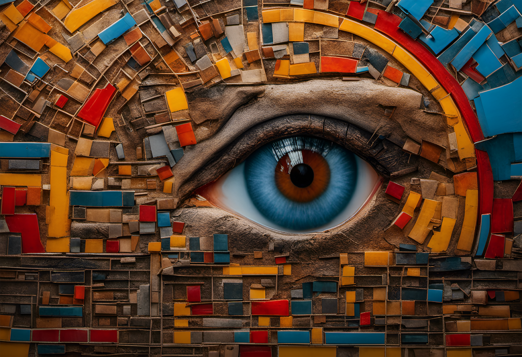 Abstract eye surrounded by colourful blocks