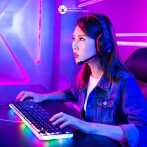 Woman tying on a neon led lit keyboard wearing a head set