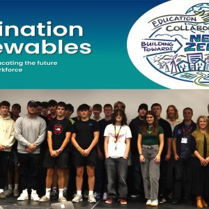 Destination Renewables heading and logo above a group of learners