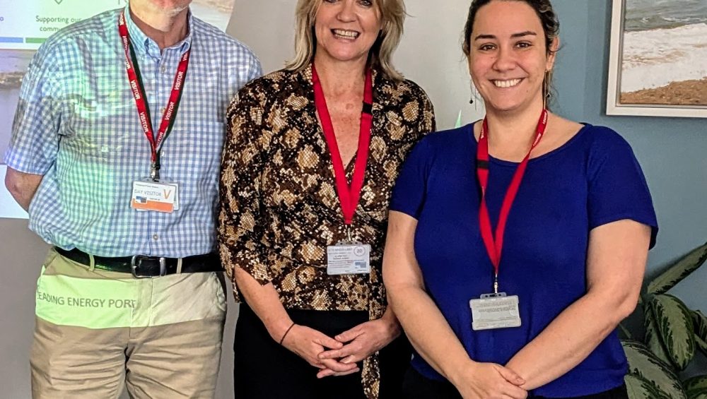 Rob Hiller, Hayley Williams and Luciana Ciubotariu standing in front wow classroom whiteboard
